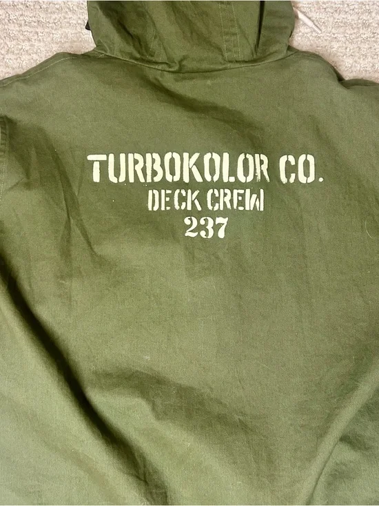 Turbokolor Co. Anorak Jacket Green Orange Logo Zipper Drawstring Men’s Size L - Picture 6 of 7